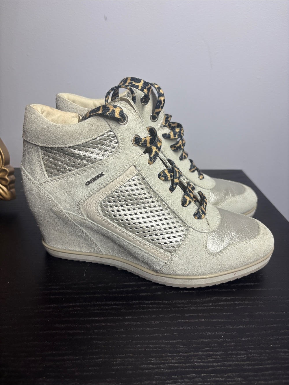 Geox Cream Wedge Sneakers with Leopard-Print Laces